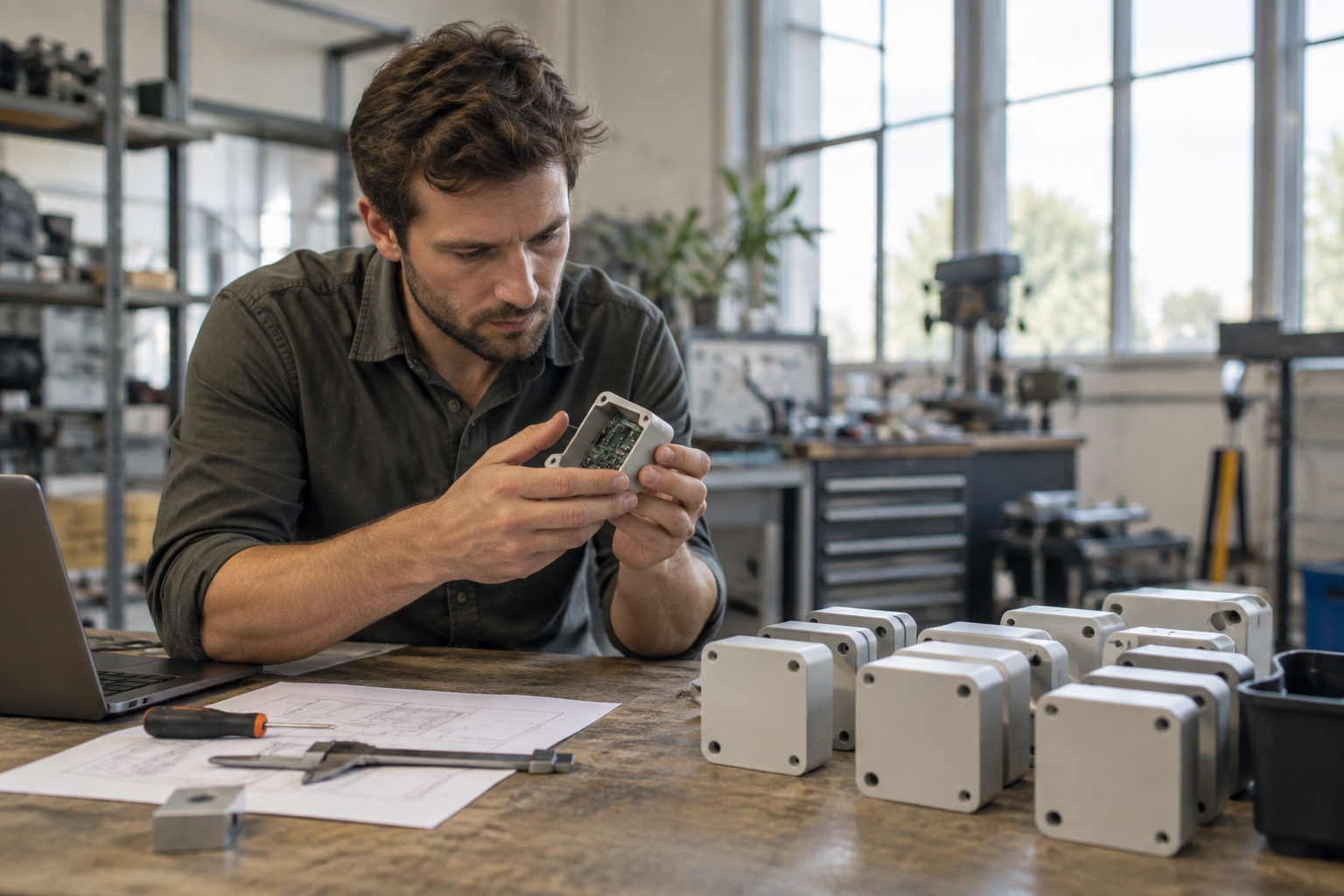 Een engineer onderzoekt een prototype naast productbehuizingen